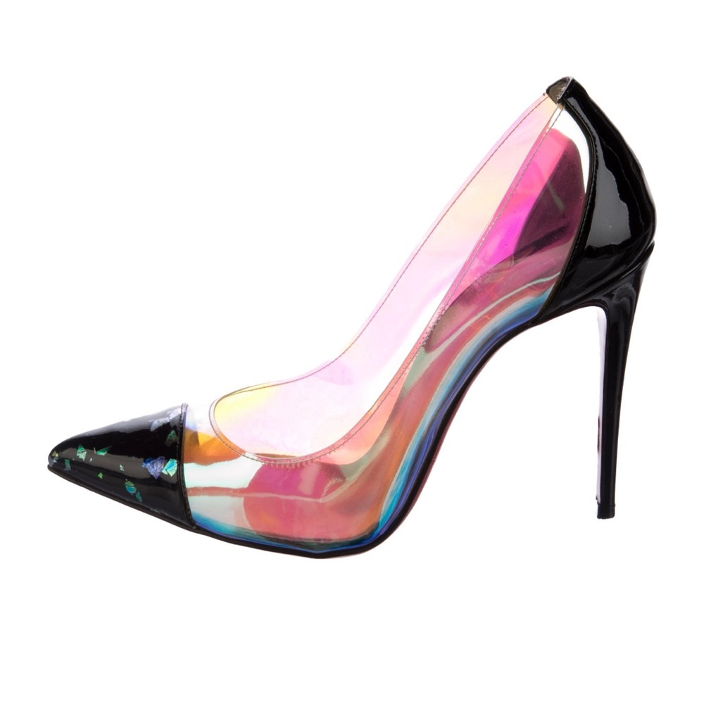 Christian Louboutin Patent Leather Pumps, Black & Clear,Printed,Pointed-Toes